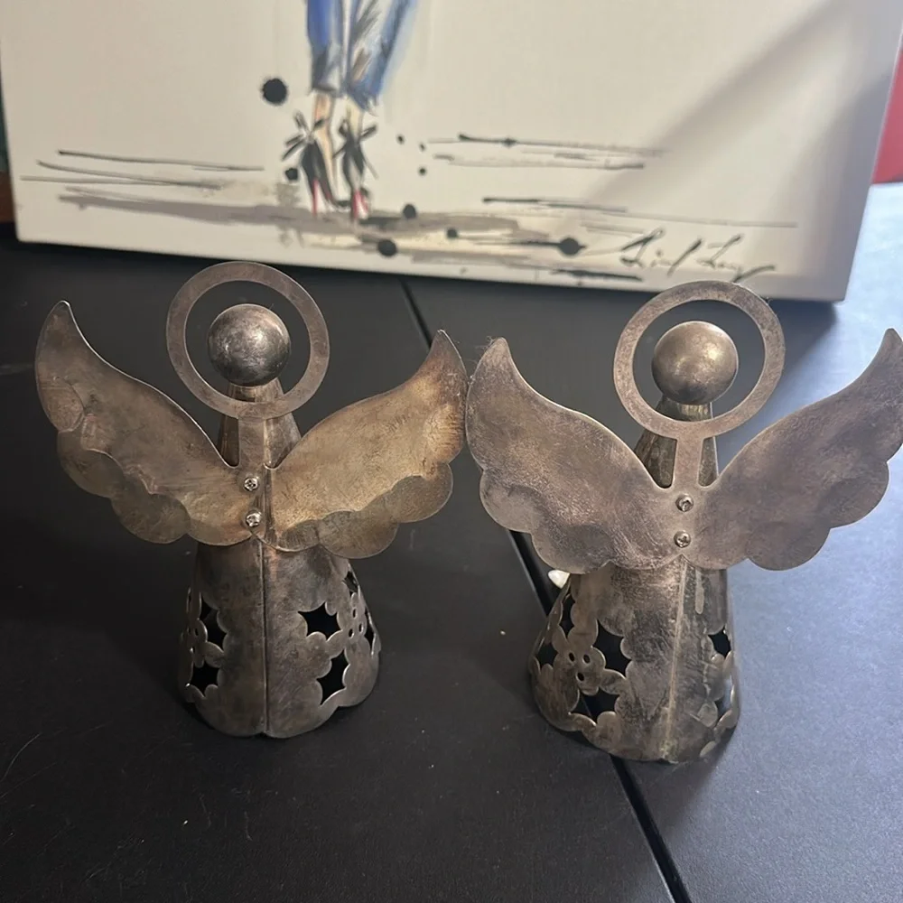 Vintage silver angel candle holders set of 2